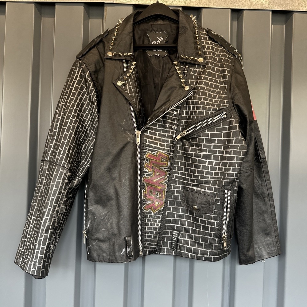 Studded Black Leather Biker Jacket Punk Rock Motorcycle Vintage Style Coat (44)